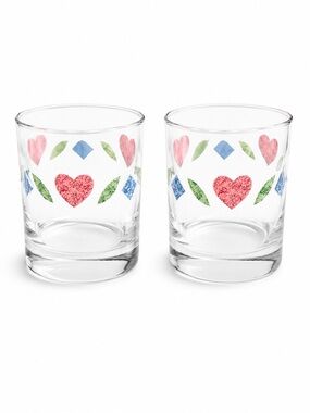 Set of 2 Vintage Clear Glass Lowball Rocks Glasses Heart FolkArt Pattern Barware